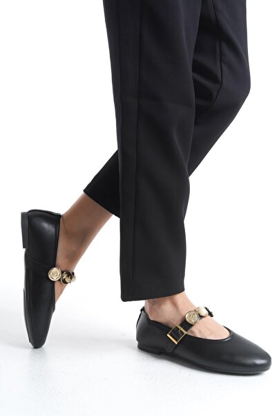 Bak Store Black Skin Women's Ballerina Ballerina Pearl Buckle Adjustable Strap Lightweight Comfortable Stylish Work Office Casual Shoes