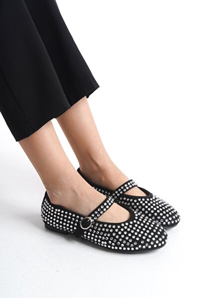 Bak Store Black Stone Women's Ballerinas Adjustable Straps Lightweight Comfortable Stylish Work Office Casual Shoes