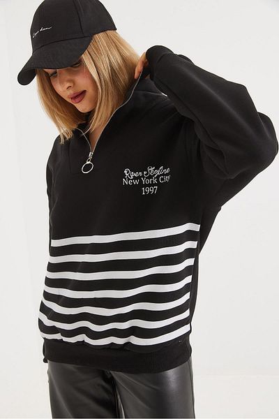 CALİENTE Printed Zippered Sweatshirt with Ribbon Inside Black
