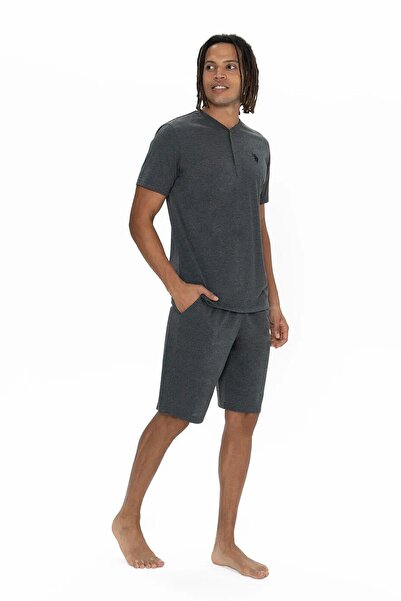 U.S. Polo Assn. U.S. Polo Assn. 18914 Men's Short Sleeve Collar Buttoned 3-Piece Pajama Set-Anthracite Melange