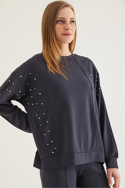 CALİENTE Stone Detailed Modal Sweatshirt Smoked