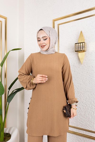Moda Ebva Λεπτομερής κουμπιά υφασμάτινο μουσουλμανικό κοστούμι-3153 Latte