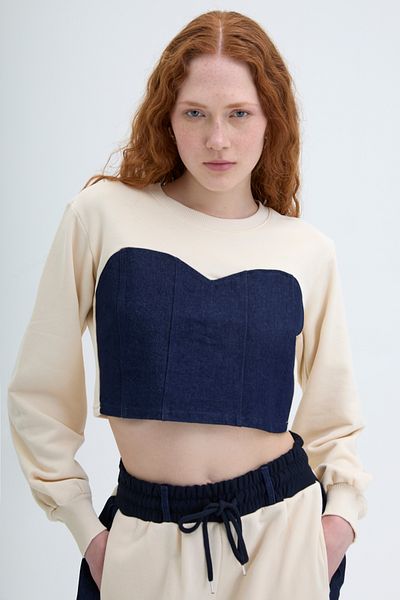 Quzu Beige Crop Sweatshirt - Match Detailed