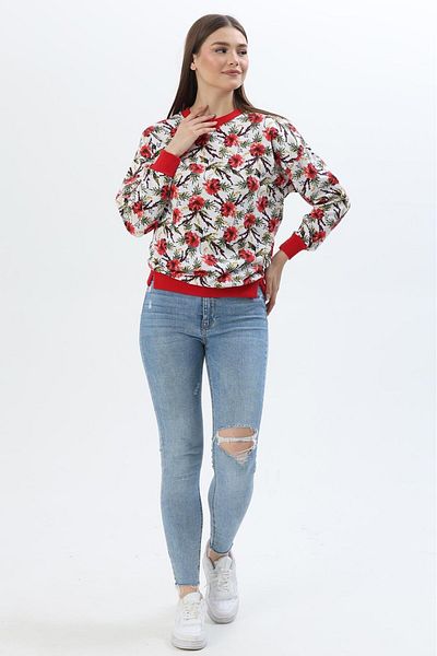 CALİENTE Flower Pattern Two Thread Sweatshirt Red