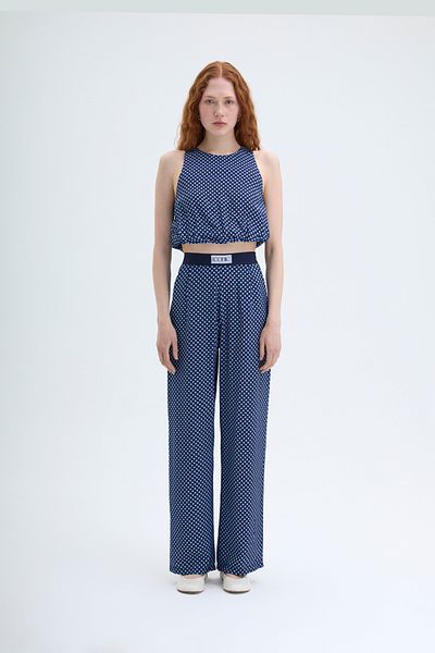 Quzu Navy Blue Polka Dot Trousers - Waist Lettering Detail