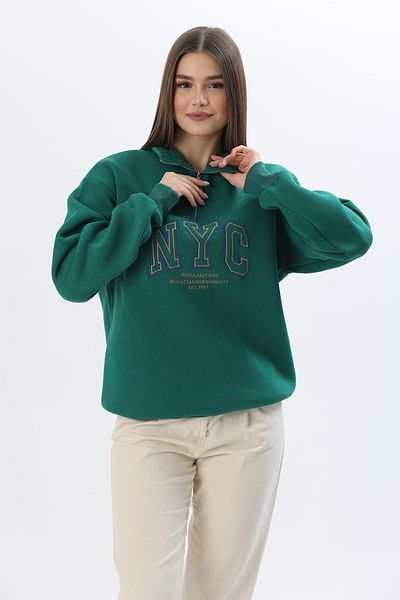 CALİENTE Hanorac oversize cu guler ridicat cu fermoar brodat Nyc, verde