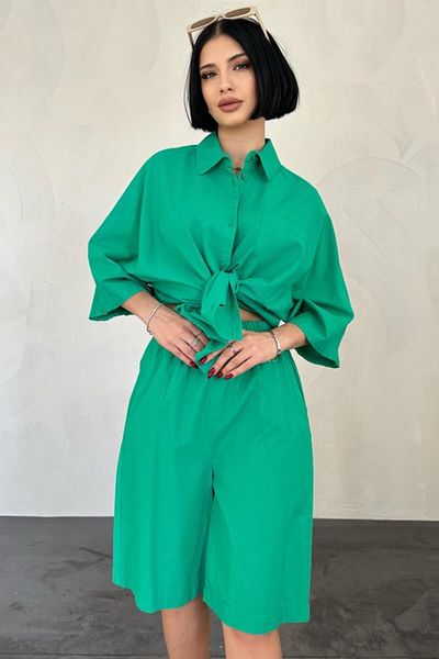 modaserdem Green Short Sleeve Linen Shirt and Shorts Set
