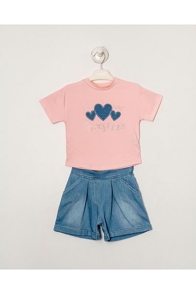 Titimixkids Girl's Heart Stone Embroidery Detailed Bottom Top Double Set Shorts T-Shirt 2-5 Years