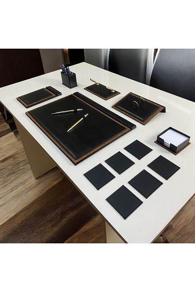 Kerem ofis Leather Table Set with Wooden Desk Set - Wooden Desk Set