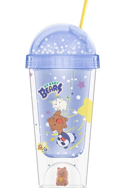 Miniso We Baby Bears Lisanslı Figür Detaylı Pipetli Plastik Şişe (350ml) - Mavi