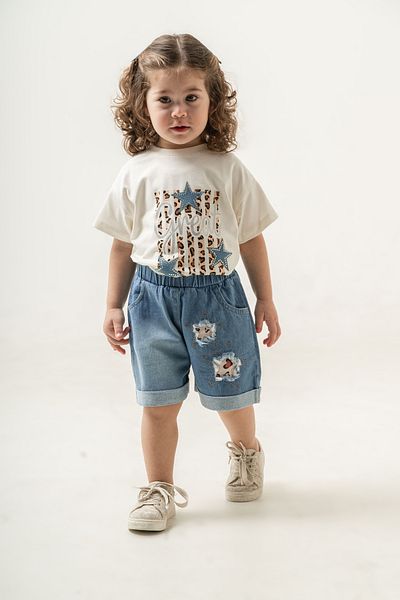 Titimixkids Girl's Star Detailed Stone Embroidery Bottom Top Double Set Shorts T-Shirt 2-5 Years