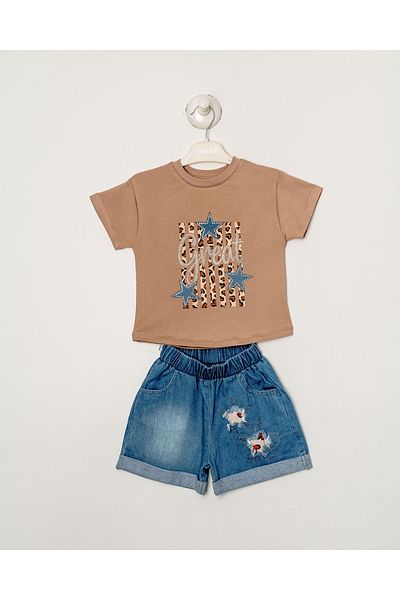Titimixkids Girl's Star Detailed Stone Embroidery Bottom Top Double Set Shorts T-Shirt 2-5 Years
