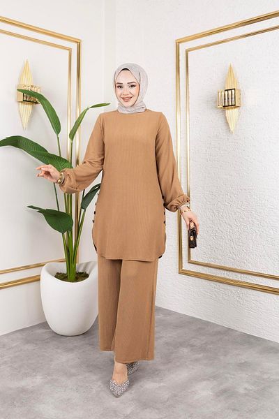 Moda Ebva Λεπτομερής κουμπιά υφασμάτινο μουσουλμανικό κοστούμι-3153 Latte