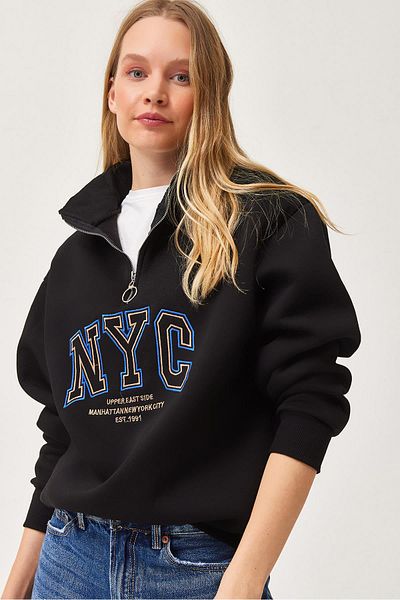 CALİENTE Hanorac oversize cu guler ridicat cu fermoar brodat Nyc, negru