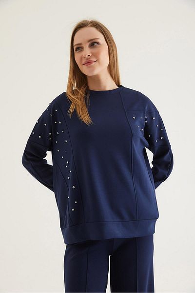 CALİENTE Stone Detailed Modal Sweatshirt Navy Blue