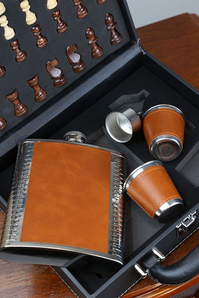 imsaconcept Brown Leather Flask with 2 Shot Glasses, Chess and Funnel Anniversary Gift for Lover