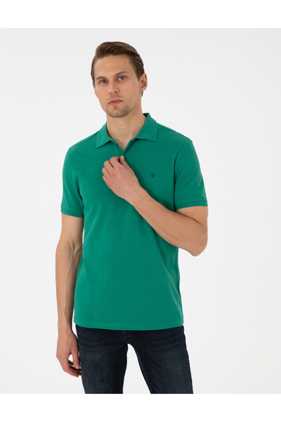 Pierre Cardin Grünes Slim-Fit-Basic-T-Shirt mit Polokragen aus 100 % Baumwoll...