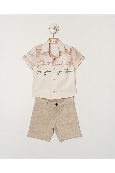Titimixkids Boy's Slogan Printed Shorts Shirt Double Set 1-4 Years