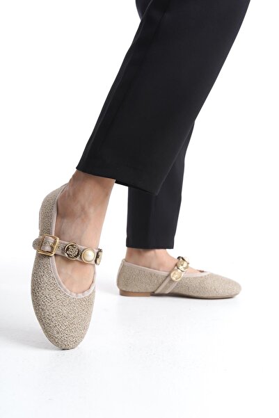 Bak Store Beige Tweed Women's Ballerina Ballerina Pearl Buckle Adjustable Strap Lightweight Comfortable Stylish Work Office Casual Shoes