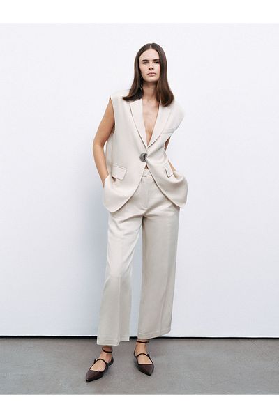 Nocturne Women's Elastic Waist Regular Cut Wide Leg Beige Trousers N25Yn3354-Beige