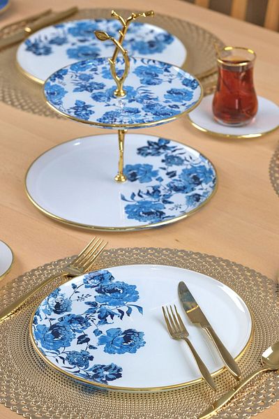 Glore Blue Rose Gold Gilded 19 Piece Tea Serving Set for 6 People