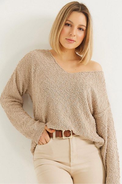 CALİENTE V-Neck Speckle Detailed Knitwear Sweater Beige