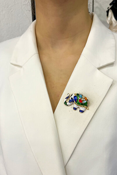 Modex Mineli Renkli Mekik Taşlı Fil Broş (3cm)