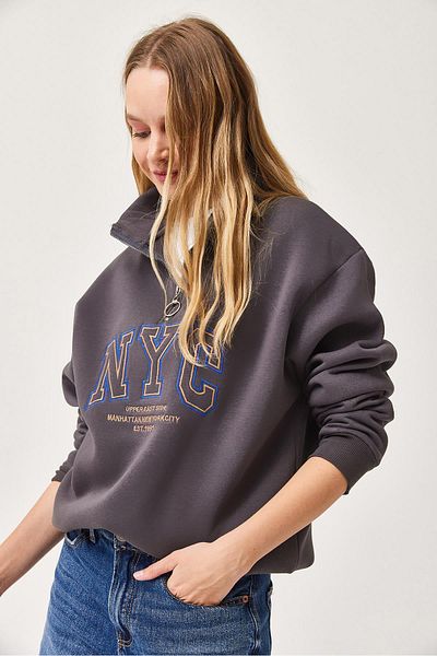 CALİENTE Hanorac oversize cu guler ridicat cu fermoar brodat Nyc, afumat