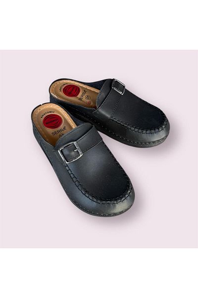 Serra Women's Black Buckle Closed Slippers Suitable for Light Heel Spur