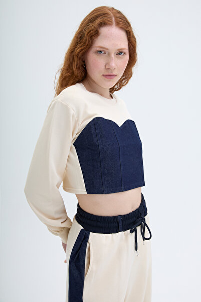 Quzu Beige Crop Sweatshirt - Match Detailed