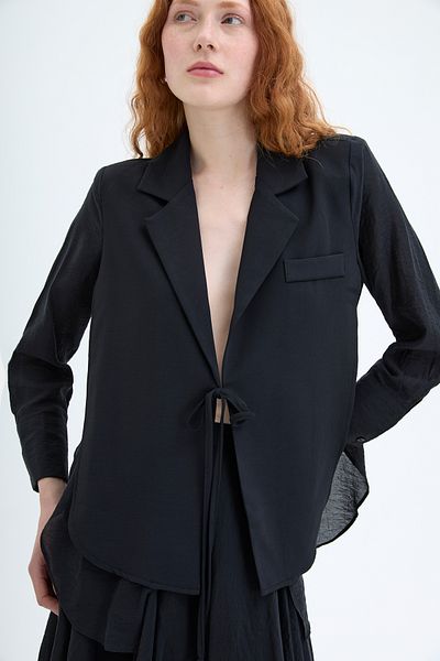Quzu Double Breasted Collar Front Tie Blazer Jacket Black