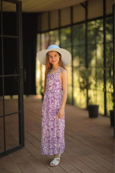 Hilal Akıncı Kids Girl's Floral Patterned Backless Lilac Cotton Viscose Dress