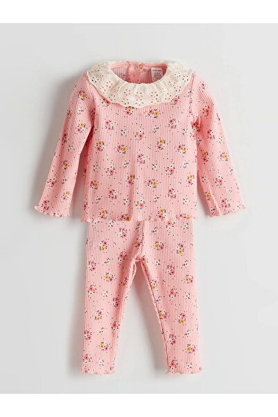 LC Waikiki LCW baby Pembe Bisiklet Yaka Çiçekli Kız Bebek Bluz ve Tayt 2'li