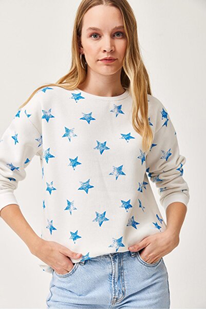 CALİENTE Star Printed Oversize Rose Gold Sweatshirt White