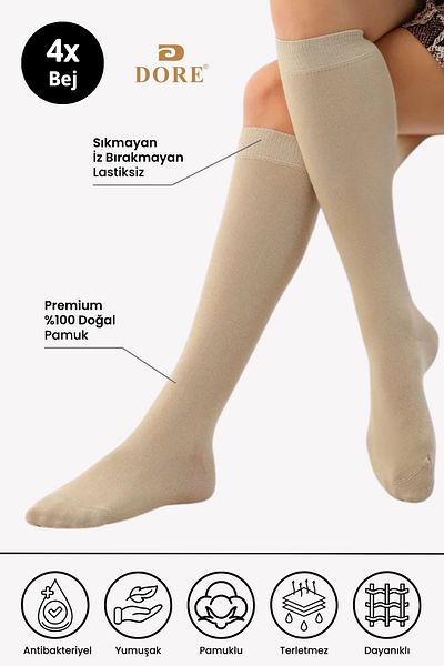 Dore Women's Premium Knee-Length Cotton Socks - 4 Pairs, Seamless and Skin-Free Luxury Bottoming