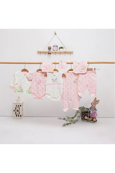 İmaj Salmon Flower Baby Girl 8 Piece Hospital Discharge, Bodysuit Set, Baby Set