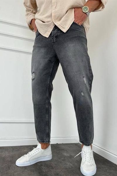 MADZEYMODA Boyfriend Mold Ανδρικό ύφασμα τζιν με σκισίματα καπνιστό τζιν παντελόνι KE-273