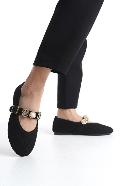 Bak Store Black Tweed Women's Ballerina Ballerina Pearl Buckle Adjustable Strap Lightweight Comfortable Stylish Business Office Casual Shoes