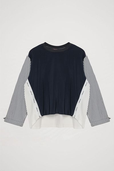 Quzu Navy Blue Striped Sweatshirt - Garnished Sleeves