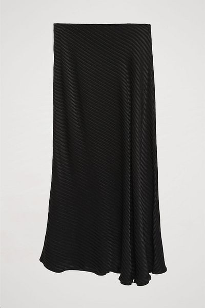 Quzu Black Satin Midi Skirt - Stripe Textured
