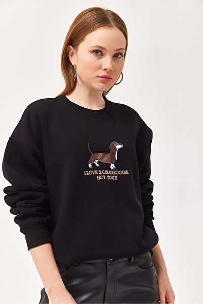 CALİENTE Embroidered Raised Three Thread Sweatshirt Black