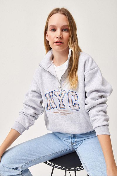 CALİENTE Nyc Embroidered Zipper Detail Stand Collar Oversized Sweatshirt Gray