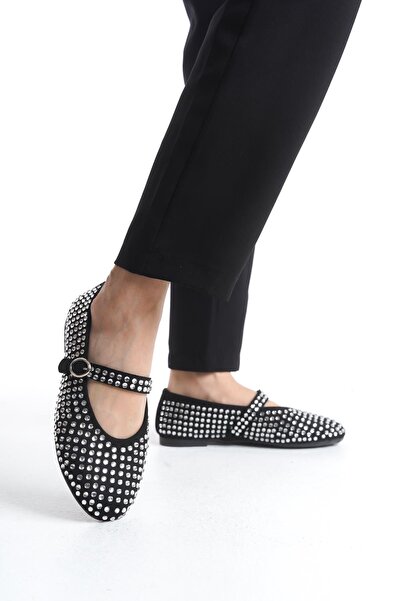 Bak Store Black Stone Women's Ballerinas Adjustable Straps Lightweight Comfortable Stylish Work Office Casual Shoes