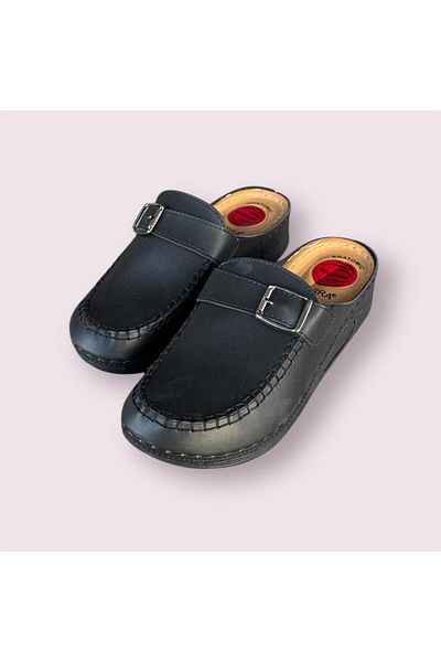 Serra Women's Black Buckle Closed Slippers Suitable for Light Heel Spur