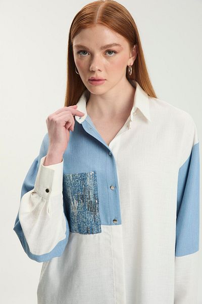 Zühre Color Blocked Pocket Sequin Ecru Tunic