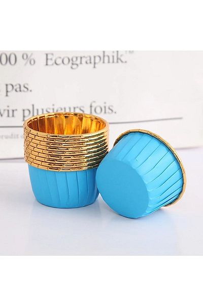 Ege Pastacılık Blue Gold Metallic 10-Piece Ovenable Muffin Cupcake Cake Mold Container Capsule 6,5X4Cm