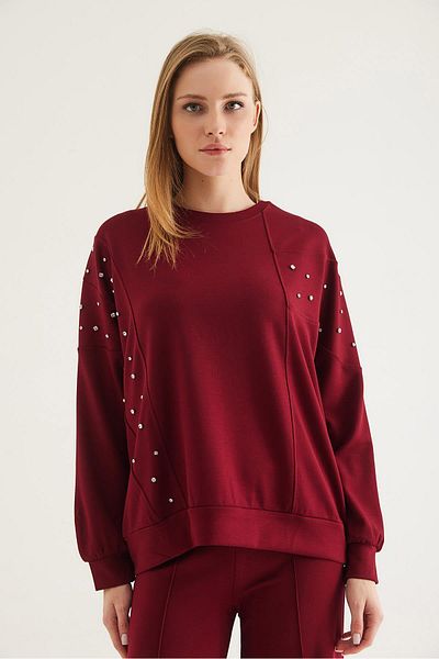 CALİENTE Stone Detailed Modal Sweatshirt Claret Red