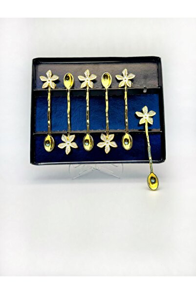 ÖzcamKristal 6 Kişilik Altın Detaylı Beyaz Papatya Gold Çay Kaşığı – Şık ve D...