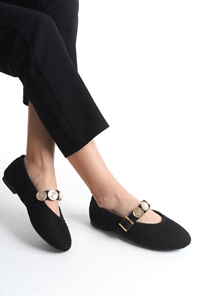 Bak Store Black Tweed Women's Ballerina Ballerina Pearl Buckle Adjustable Strap Lightweight Comfortable Stylish Business Office Casual Shoes