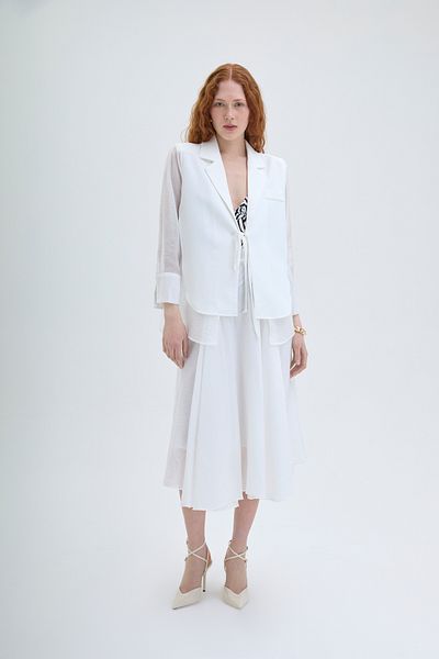 Quzu Ecru Color Asymmetrical Cut Pleated Midi Skirt